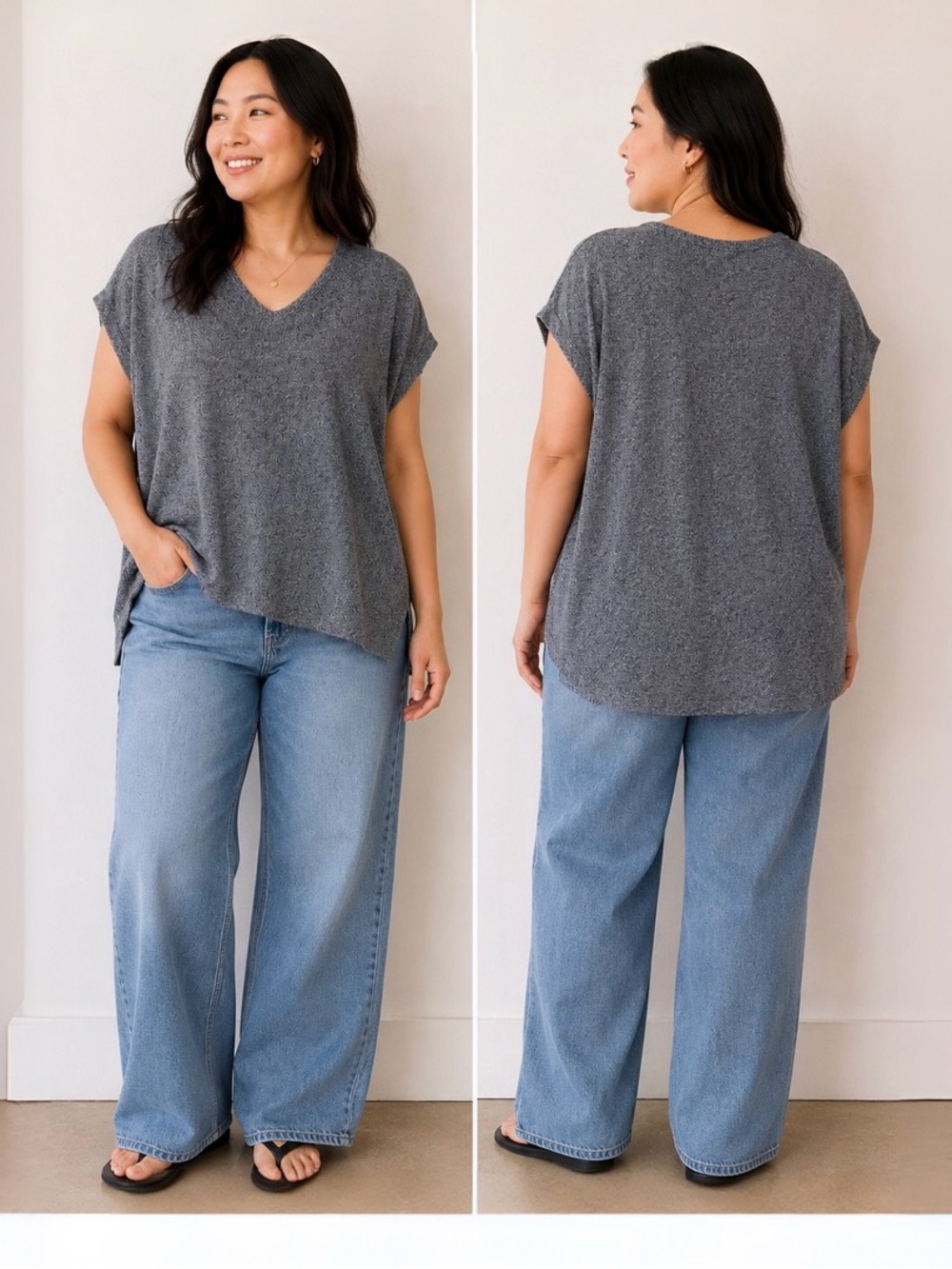 Eileen Fisher Heathered Gray V-Neck Short Sleeve Knit Top
